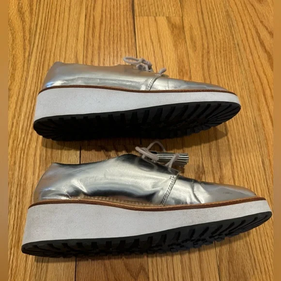 Loeffler Randall Callie Leather Wedge Oxfords in Silver Size 6